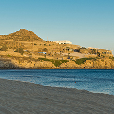 Sunset view of the Paradise beach in Mykonos island, Cyclades, Greece