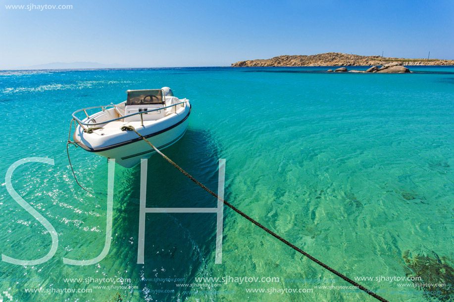 Clear waters of Paranga Beach on the island of Mykonos, Cyclades, Greece
