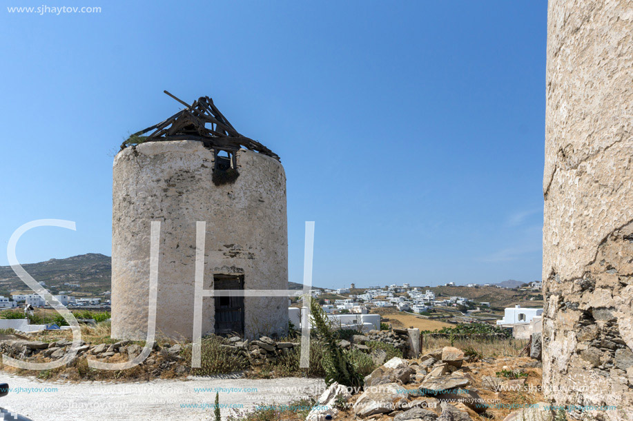 Ruins of old windmils in town of Ano Mera, island of Mykonos, Cyclades, Greece