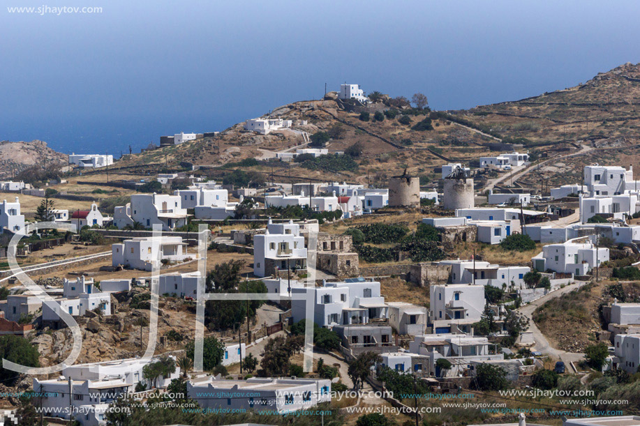 Panorama of Town of Ano Mera, island of Mykonos, Cyclades, Greece