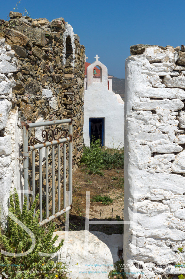 The ruins of a medieval fortress and White church, Mykonos island, Cyclades, Greece