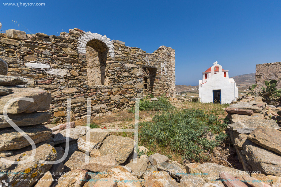 Panoramic view of a medieval fortress and White church, Mykonos island, Cyclades, Greece