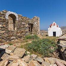 Panoramic view of a medieval fortress and White church, Mykonos island, Cyclades, Greece