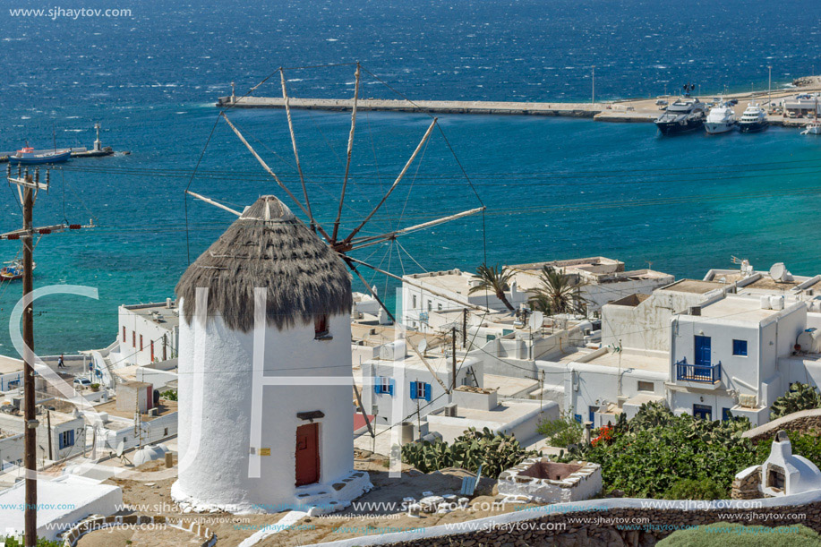 Panoramic view of Aegean sea and island of Mykonos, Cyclades, Greece