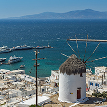 Panorama of white windmill and island of Mykonos, Cyclades, Greece