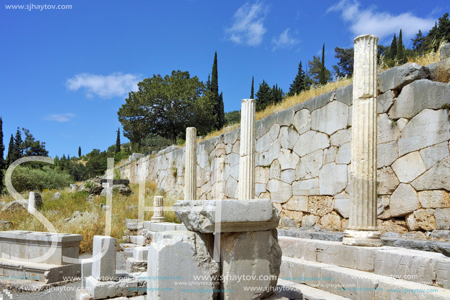 Columns in in Ancient Greek archaeological site of Delphi, Central Greece
