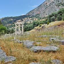 Ruins of Athena Pronaia Sanctuary in Ancient Greek archaeological site of Delphi, Central Greec