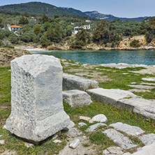 Ancient Column and seascape in Archaeological site of Aliki, Thassos island,  East Macedonia and Thrace, Greece