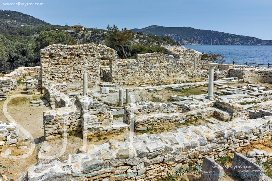 Panorama to Ruins of ancient church in Archaeological site of Aliki, Thassos island,  East Macedonia and Thrace, Greece