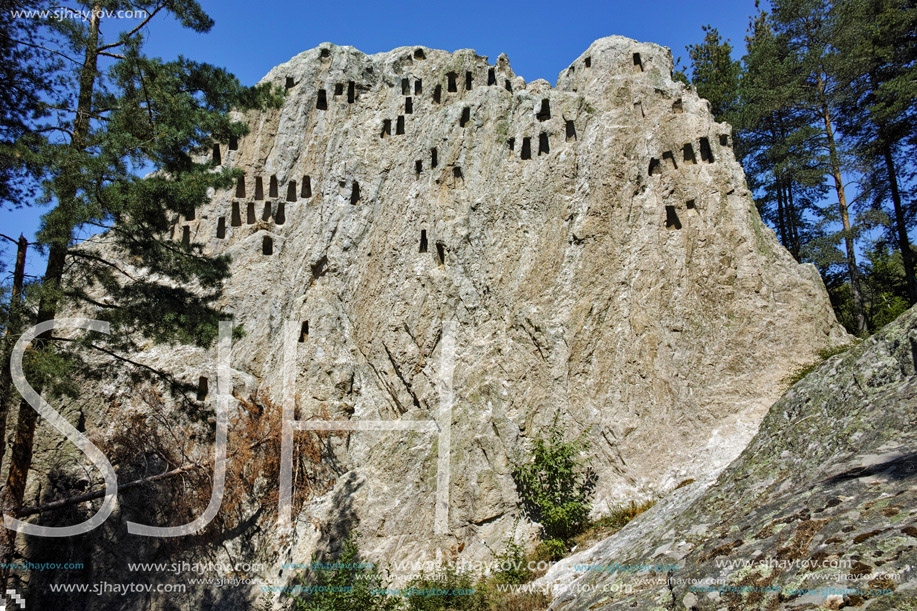 Ruins of Thracian Sanctuary Eagle Rocks near town of Ardino, Kardzhali Region, Bulgaria