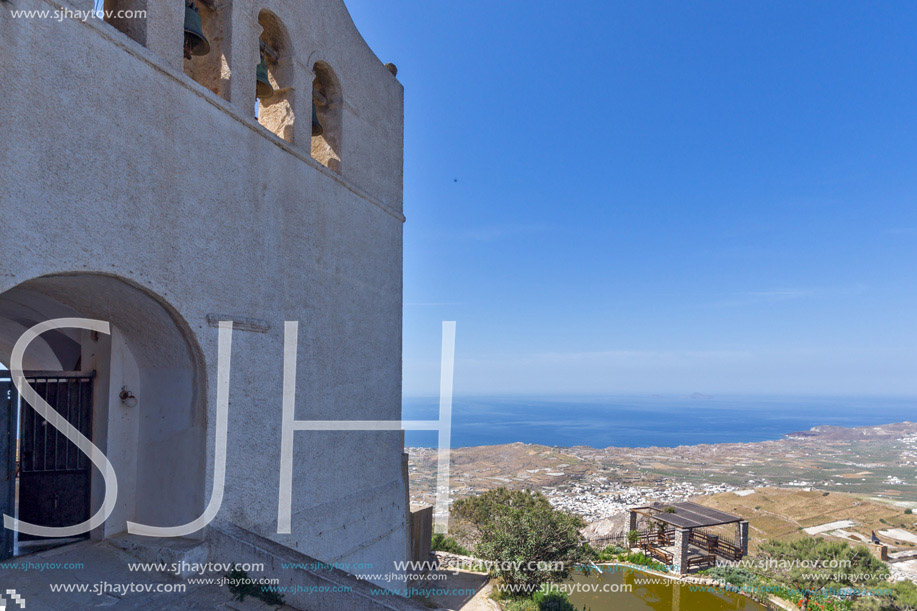 Entrance of Monastery Prophet Elias and panorama to Santorini island, Thira, Cyclades, Greece