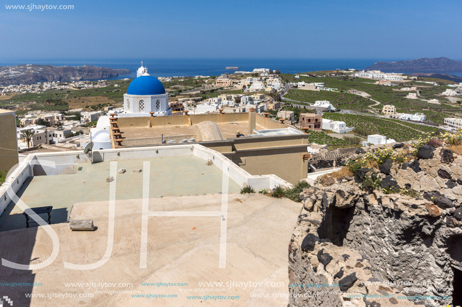 Panorama with church In the castle of Pyrgos Kallistis, Santorini island, Thira, Cyclades, Greece