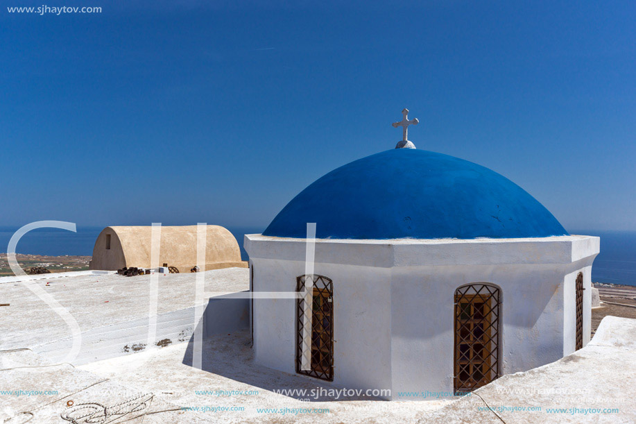 Blue roof of church and Panoramic view to Santorini island, Thira, Cyclades, Greece