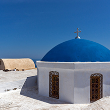 Blue roof of church and Panoramic view to Santorini island, Thira, Cyclades, Greece