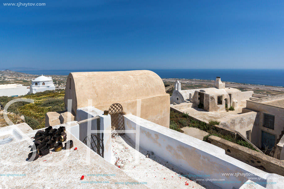 Panoramic view to castle of Pyrgos Kallistis, Santorini island, Thira, Cyclades, Greece