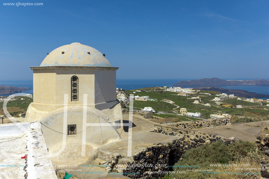 Amazing panoramic view to Santorini island ad white church,  Thira, Cyclades, Greece