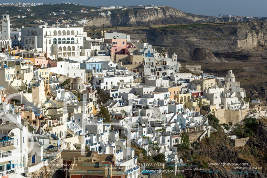 Amazing panorama to town of Fira and Prophet Elias peak, Santorini island, Thira, Cyclades, Greece