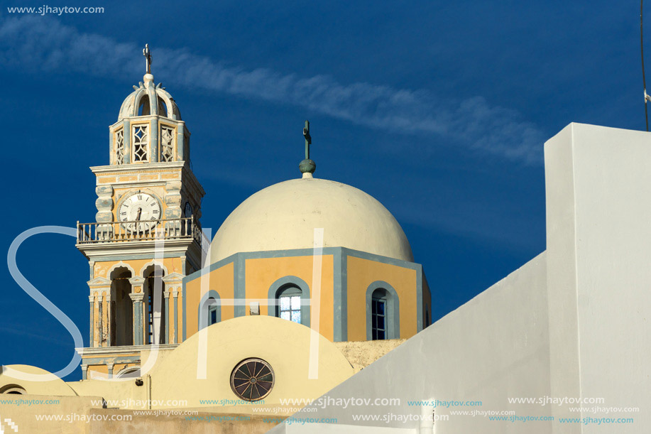 Amazing view of orthodox church in town of Firostefani, Santorini island, Thira, Cyclades, Greece