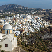 Panoramic view to town of Fira and Prophet Elias peak, Santorini island, Thira, Cyclades, Greece