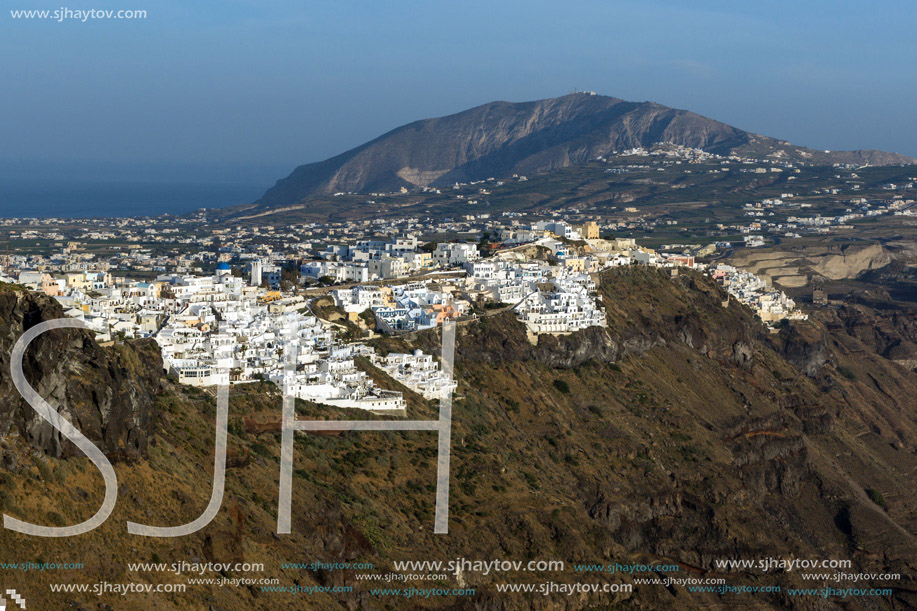 Amazing view to town of Fira and Prophet Elias peak, Santorini island, Thira, Cyclades, Greece