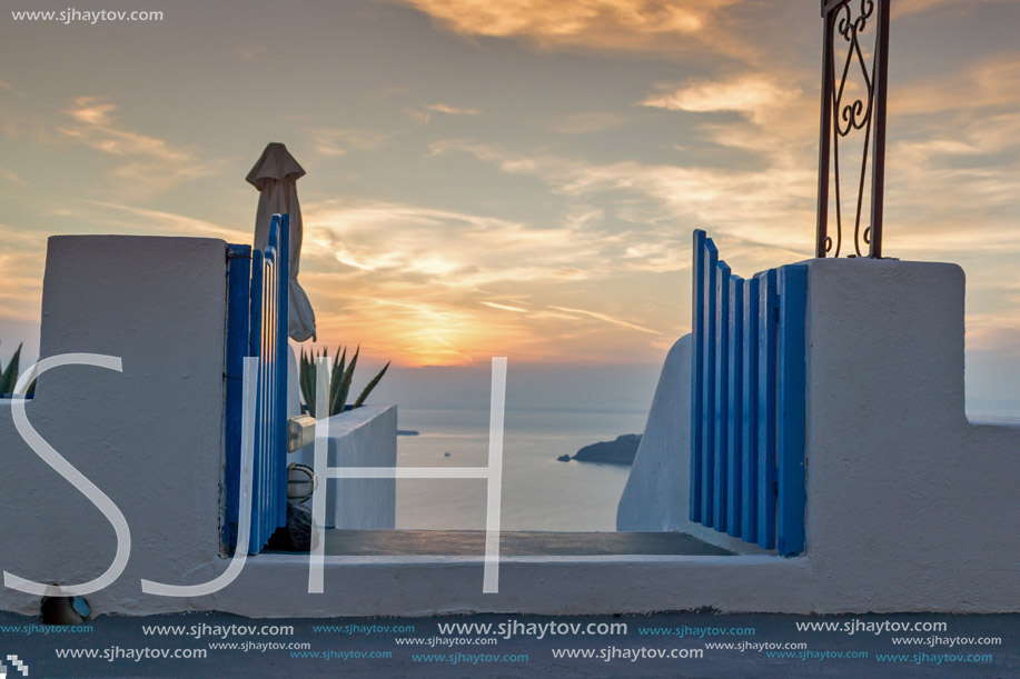 Sunset landscape in town of imerovigli, Santorini island, Thira, Cyclades, Greece