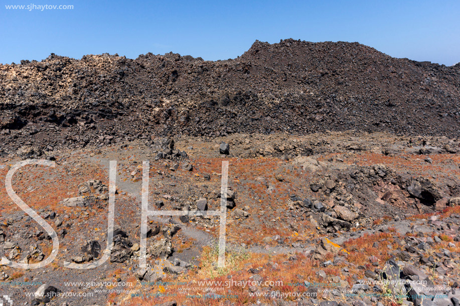 Panoramic view of volcano in Nea Kameni island near Santorini, Cyclades, Greece