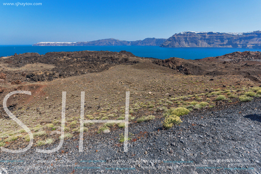 Panorama of volcano in Nea Kameni island near Santorini, Cyclades, Greece