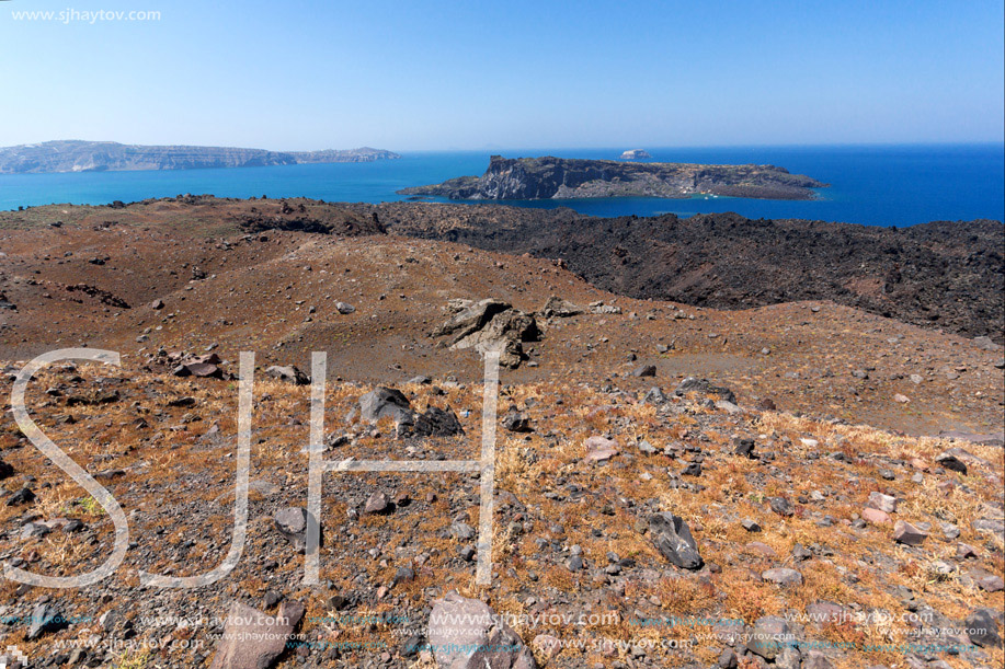 Amazing panorama of volcano in Nea Kameni island near Santorini, Cyclades, Greece