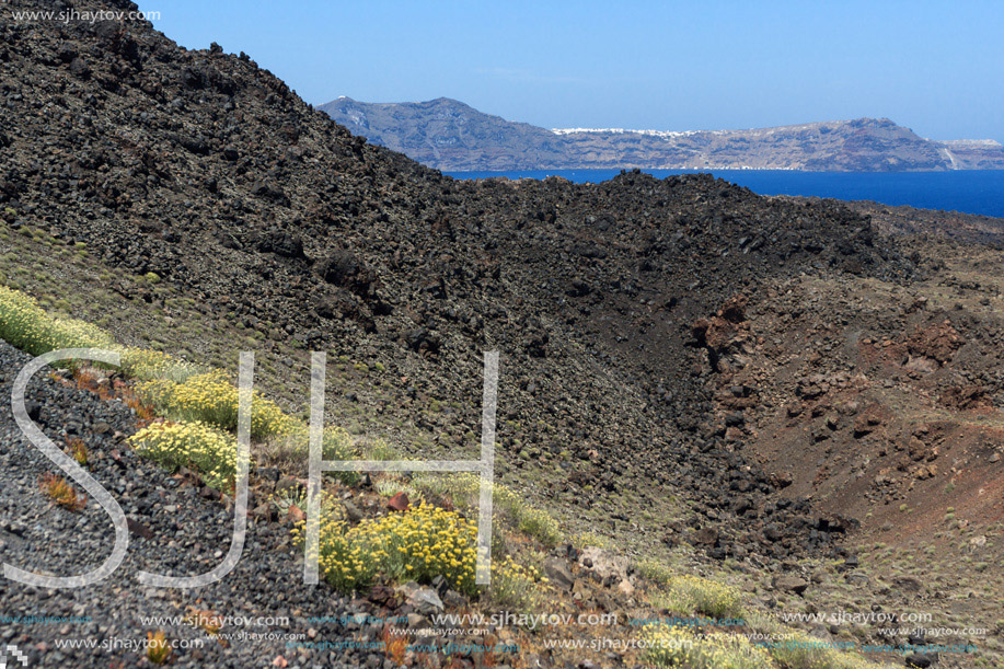 Panoramic view around Chimney of volcano in Nea Kameni island near Santorini, Cyclades, Greece