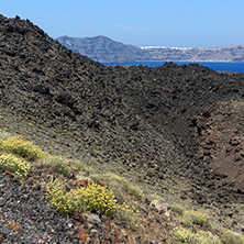 Panoramic view around Chimney of volcano in Nea Kameni island near Santorini, Cyclades, Greece