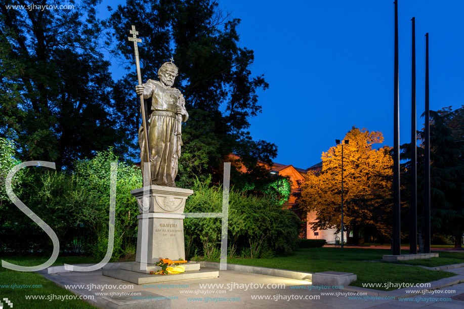 Night photo of Monument of bulgarian Tsar Samuel and St. Sofia church, Sofia, Bulgaria