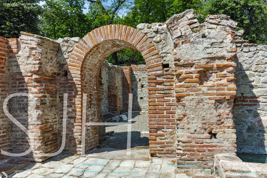 Ruins with red bricks in The ancient Thermal Baths of Diocletianopolis, town of Hisarya, Plovdiv Region, Bulgaria