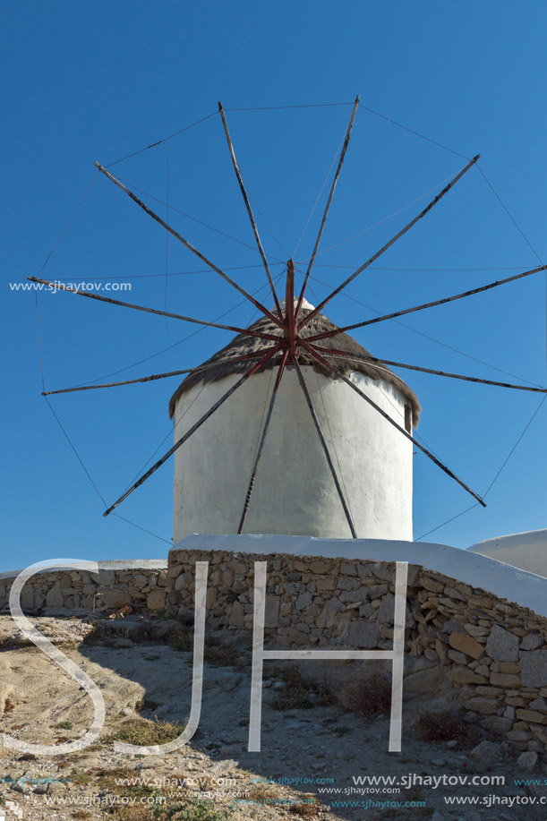 Amazing view of White windmills on the island of Mykonos, Cyclades, Greece