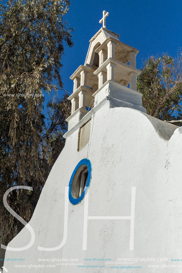 Bell tower of White orthodox church in Mykonos, Cyclades Islands, Greece