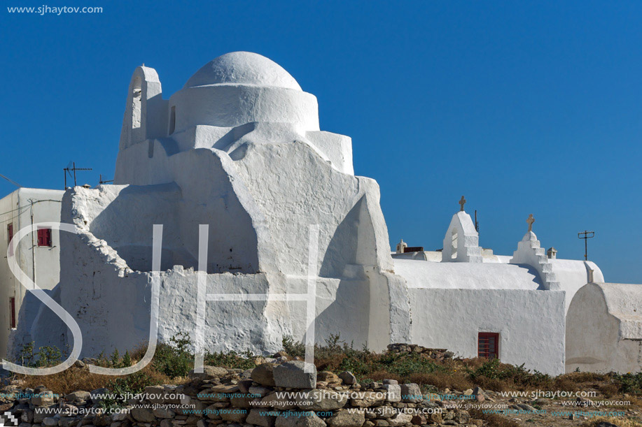 White orthodox church and blue sky in Mykonos, Cyclades Islands, Greece