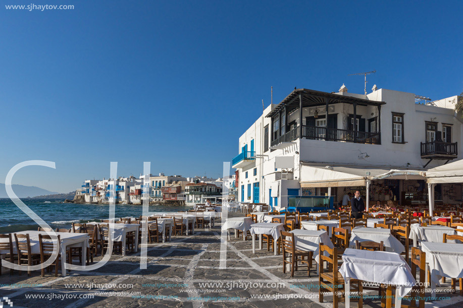 Typical Restaurant and Little Venice at Mykonos, Cyclades Islands, Greece