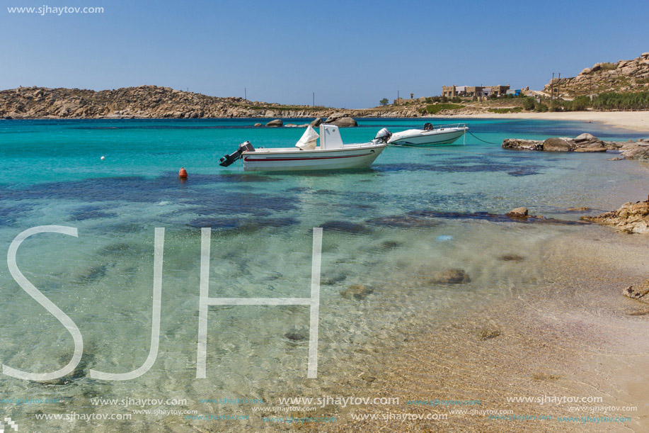 Clean Waters of Paranga Beach on the island of Mykonos, Cyclades, Greece