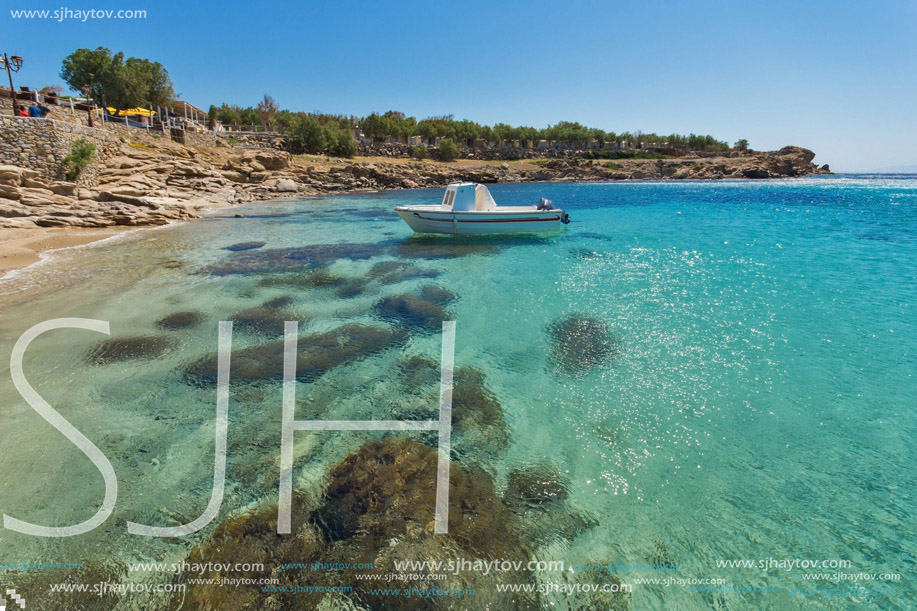 Clean Waters of Paranga Beach on the island of Mykonos, Cyclades, Greece