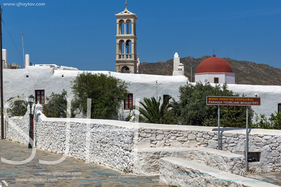 Belfry of of Panagia Tourliani monastery inTown of Ano Mera, island of Mykonos, Cyclades, Greece