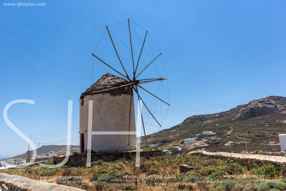 White windmill in Town of Ano Mera, island of Mykonos, Cyclades, Greece