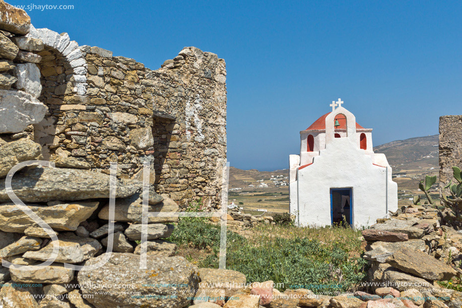 The ruins of a medieval fortress and White church, Mykonos island, Cyclades, Greece