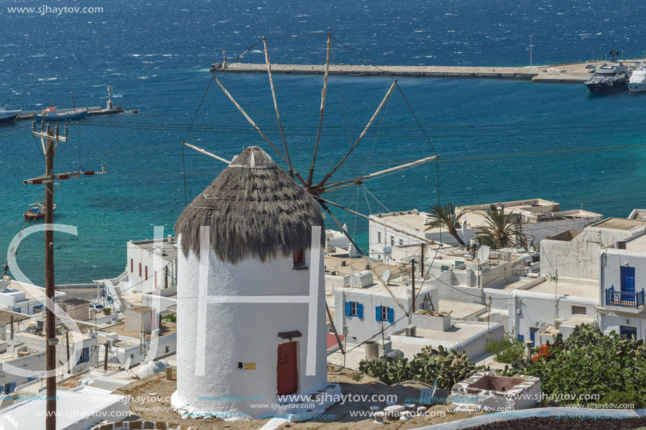 Panoramic view of Aegean sea and island of Mykonos, Cyclades, Greece