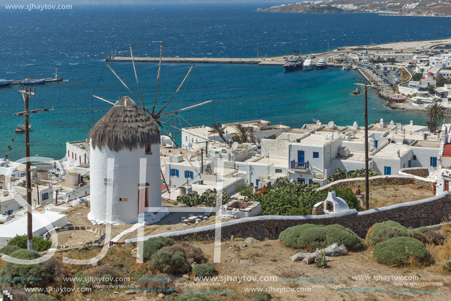 Panoramic view of white windmill and island of Mykonos, Cyclades, Greece