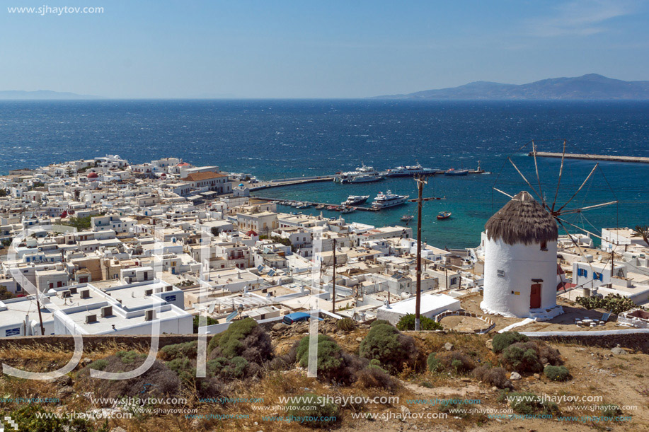 Amazing Panorama of white windmill and island of Mykonos, Cyclades, Greece