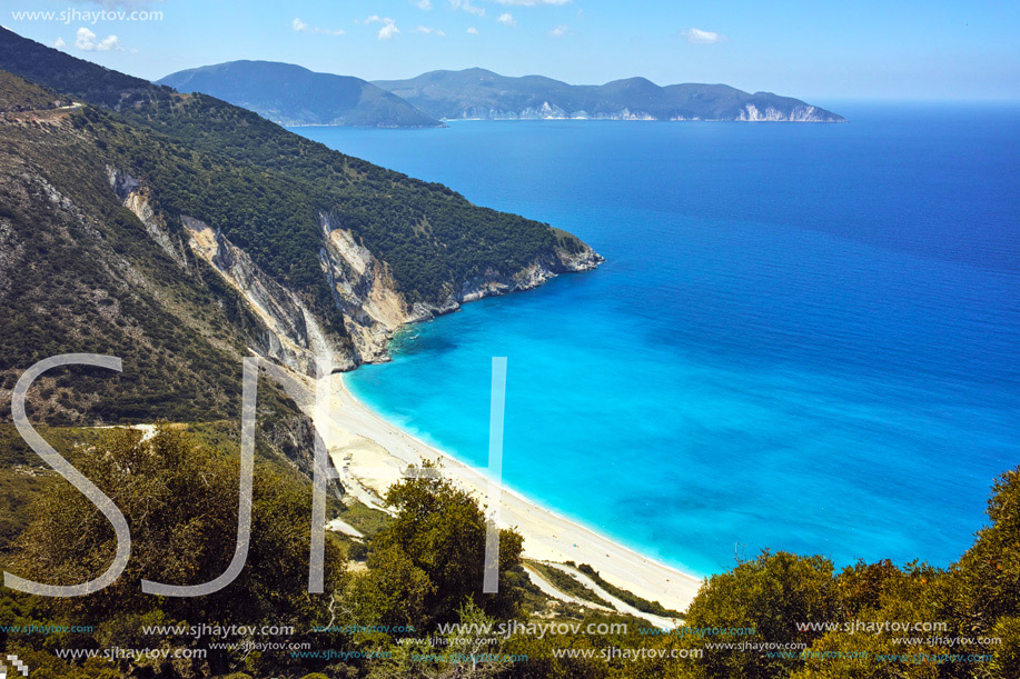 Panoramic view of Myrtos Beach, Kefalonia, Ionian Islands, Greece