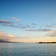 Sunset over The cable bridge between Rio and Antirrio view from Nafpaktos, Patra, Western Greece
