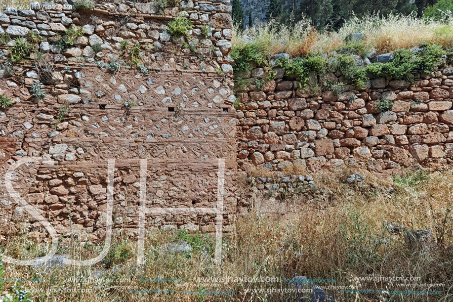 Old walls in Ancient Greek archaeological site of Delphi,Central Greece