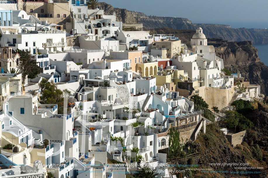 Panoramic view to town of Fira, Santorini island, Thira, Cyclades, Greece