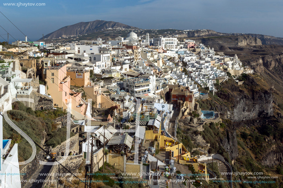 Amazing panorama to town of Fira and Prophet Elias peak, Santorini island, Thira, Cyclades, Greece