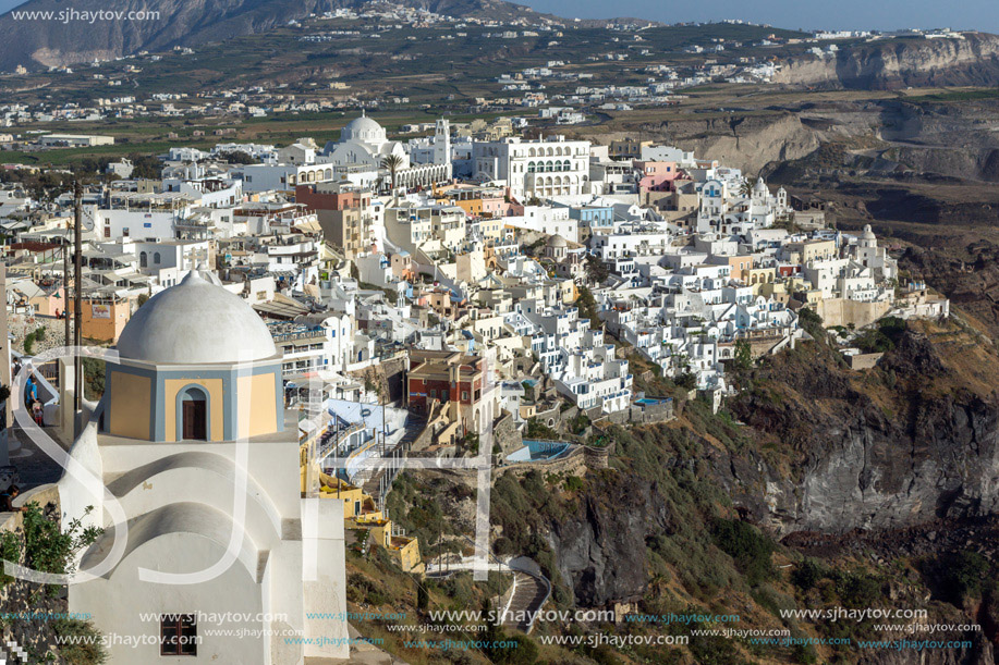 Amazing Landscape to town of Fira and Prophet Elias peak, Santorini island, Thira, Cyclades, Greece